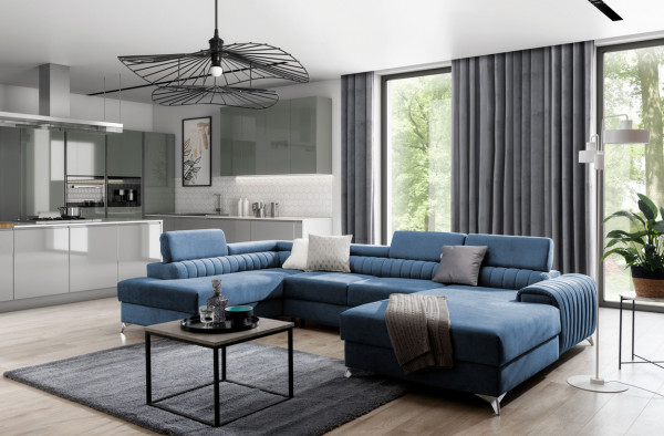 moderne Wohnlandschaft CREMONA Sofa mit Bettfunktion, Stauraum und verstellbare Kopfstützen