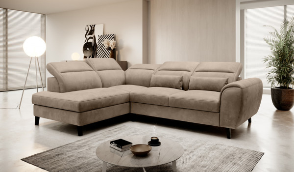 elegantes Ecksofa NOVARA mit Schlaffunktion, Bettkasten und verstellbare Kopfstützen L Form Sofa