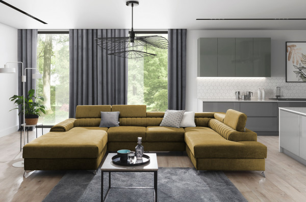 moderne Wohnlandschaft CREMONA Sofa mit Bettfunktion, Stauraum und verstellbare Kopfstützen