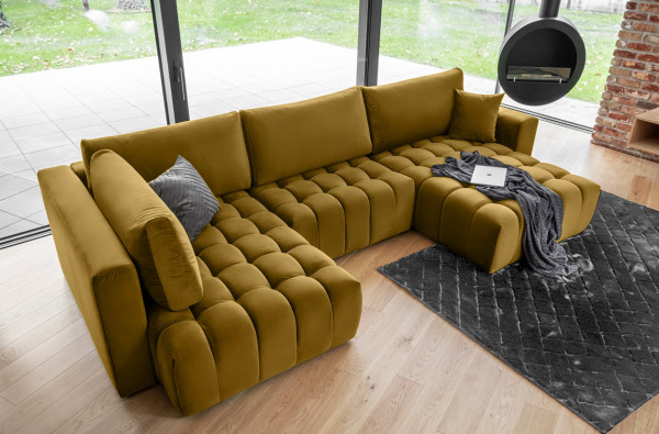 Wohnlandschaft VICENZA Ecksofa mit Schlaffunktion, Bettkasten und Kissen